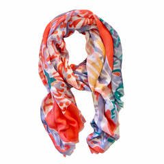 Elevate your style this season with our coral inspired abstract lightweight scarf. Perfect to wear all year round and with a white tee or shirt! It boasts stunning orange, blues and lilac hues. Don't miss this season's must-have accessory!