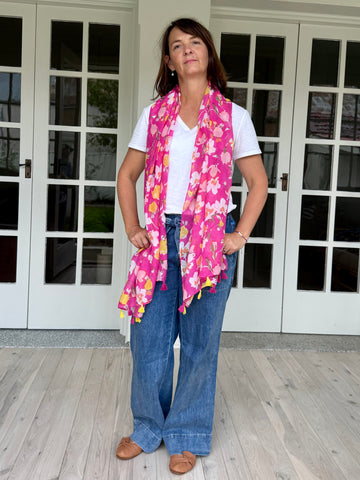 lightweight scarf, floral scarf, pretty scarf,  botanic scarf, scarf with tassels