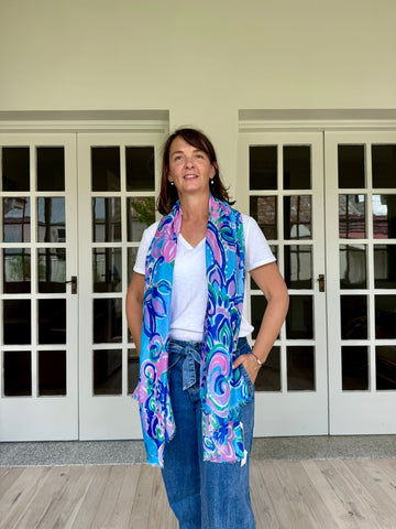 Blue scarf, lightweight scarf, tropical scarf