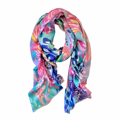 Elevate your style this season with our coral inspired abstract lightweight scarf. Perfect to wear all year round and with a white tee or shirt! It boasts stunning aqua, green, blue and pinks hues. Don't miss this season's must-have accessory!