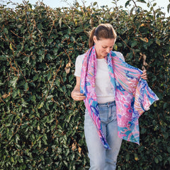 Elevate your style this season with our coral inspired abstract lightweight scarf. Perfect to wear all year round and with a white tee or shirt! It boasts stunning aqua, green, blue and pinks hues. Don't miss this season's must-have accessory!