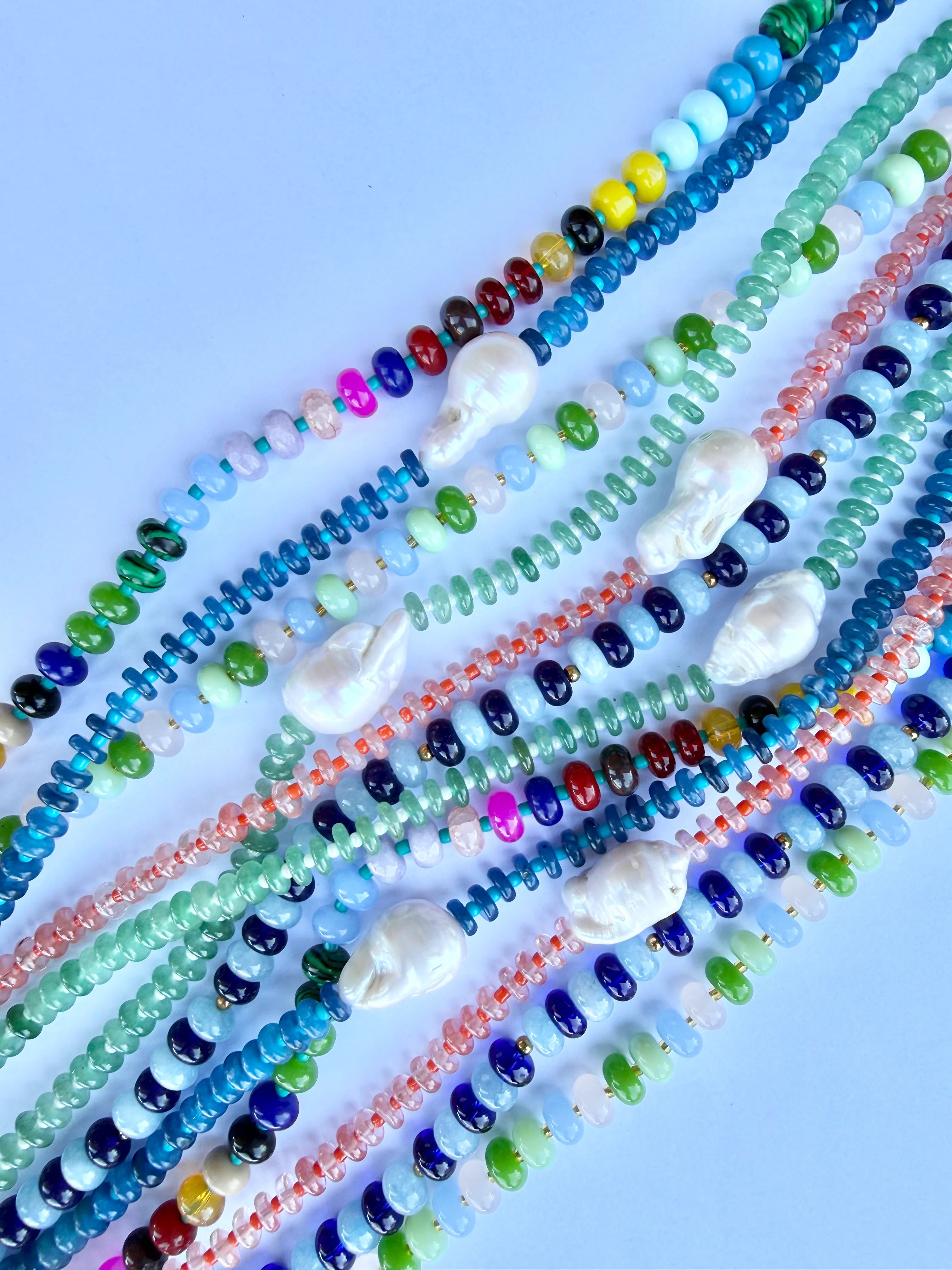 rainbow coloured natural stone and glass bead necklace