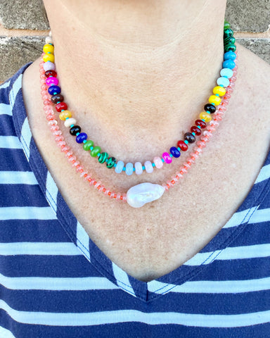 Baroque freshwater pearl pop necklace with colourful glass beads