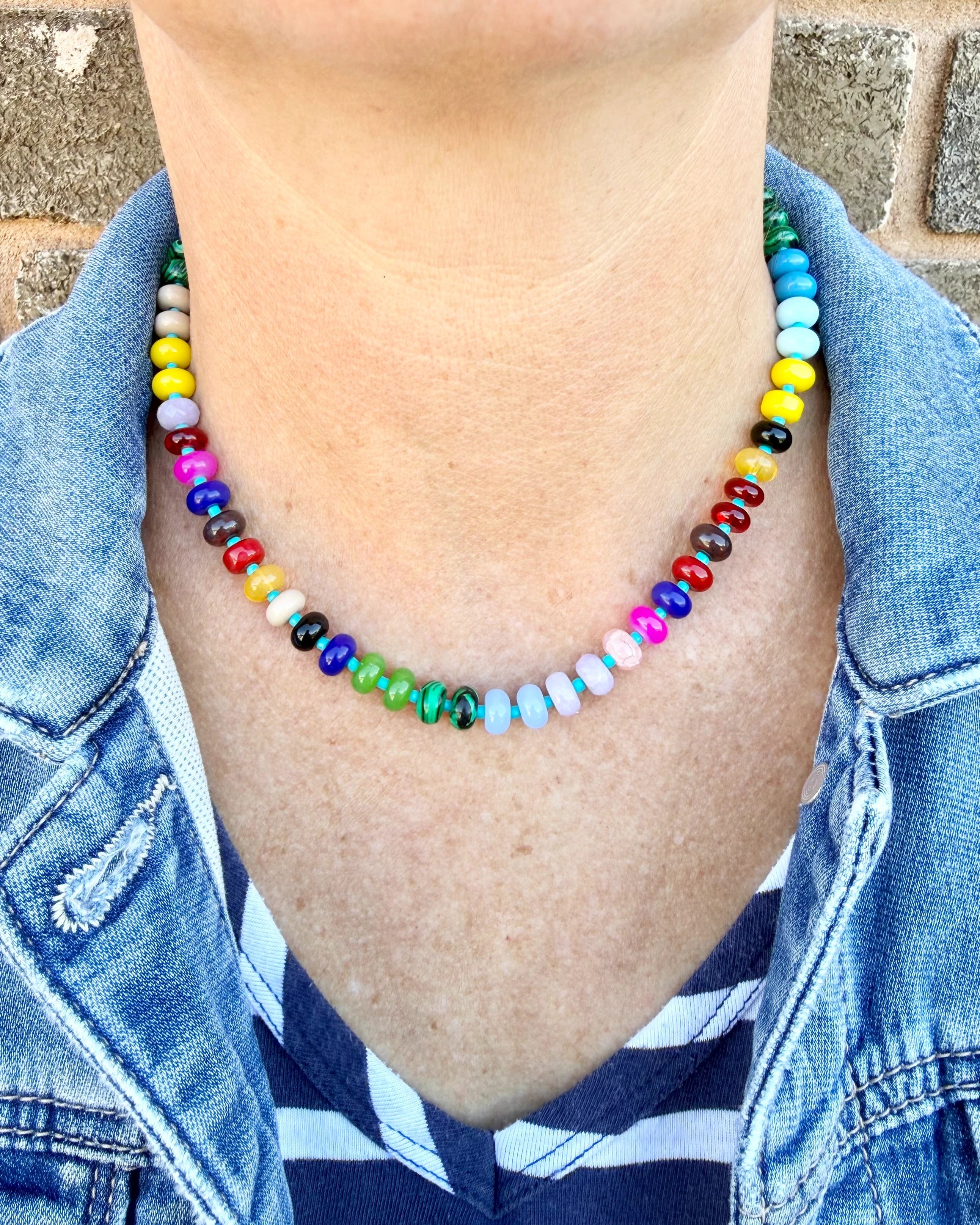 rainbow coloured natural stone and glass bead necklace