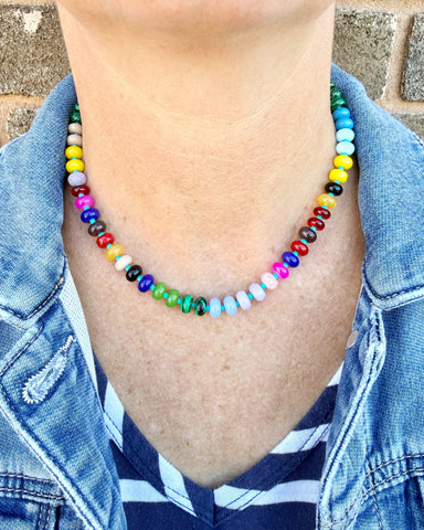 rainbow coloured natural stone and glass bead necklace