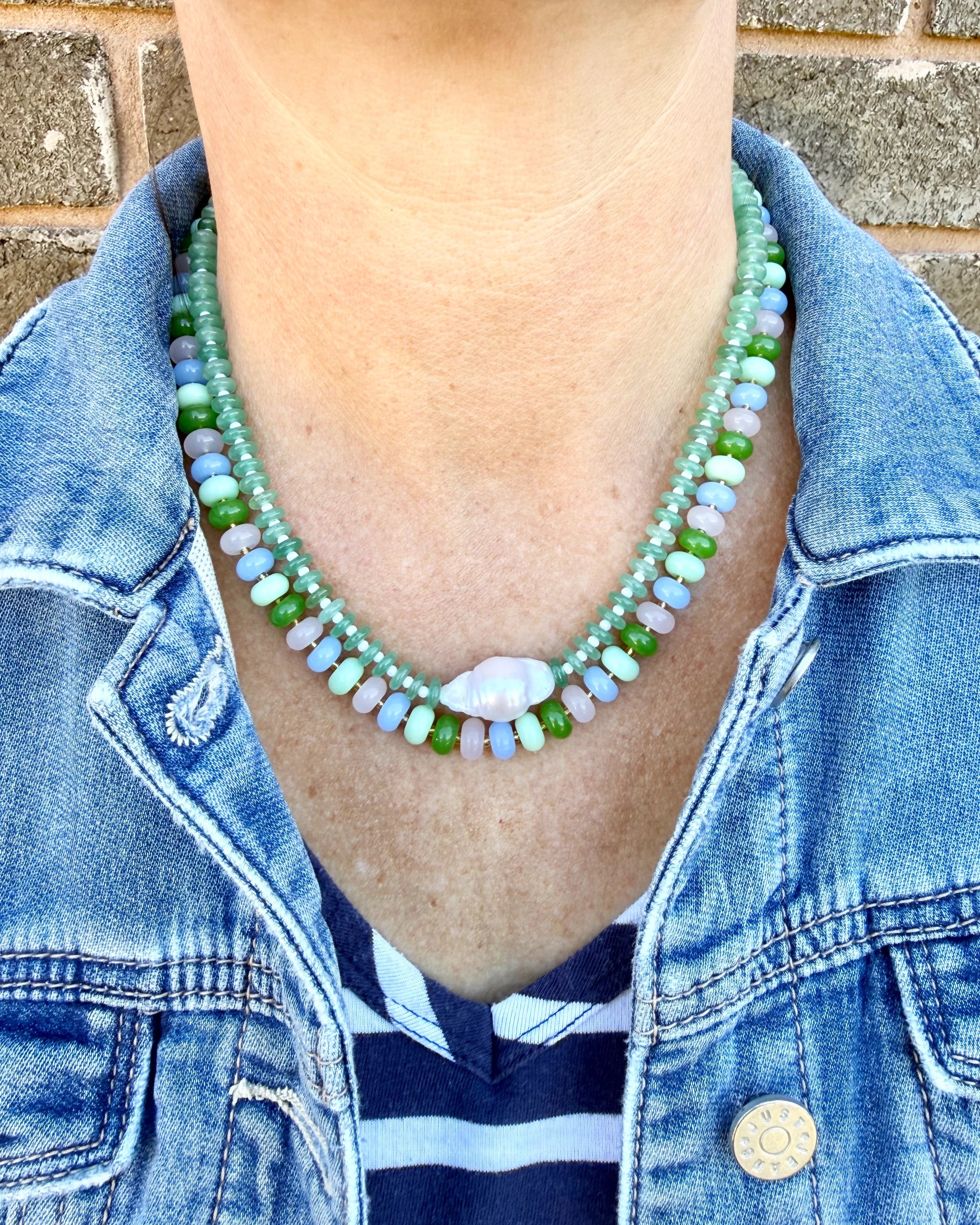 Baroque freshwater pearl pop necklace with colourful glass beads