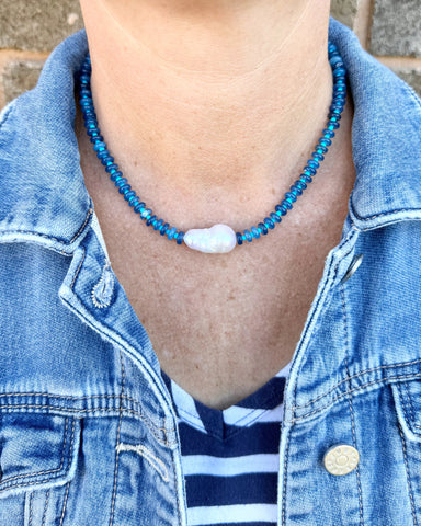 Baroque freshwater pearl pop necklace with colourful glass beads