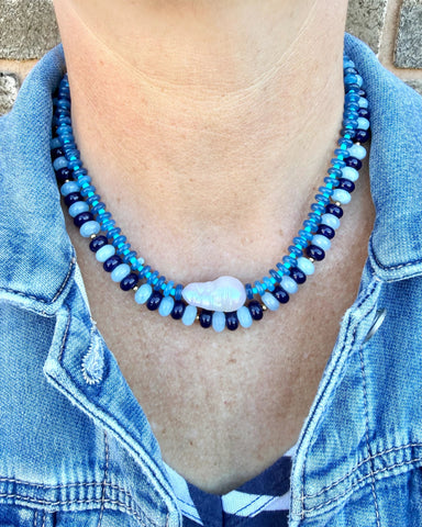 Baroque freshwater pearl pop necklace with colourful glass beads