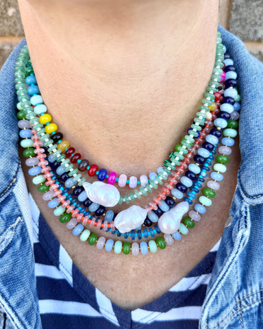 rainbow coloured natural stone and glass bead and pearl necklace