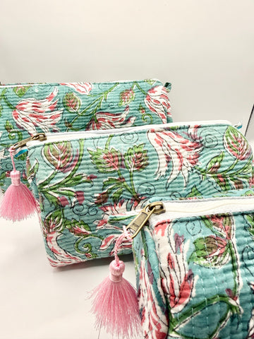 Aqua Floral Toiletry Bags – Cotton Travel Organiser