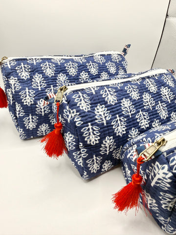 Navy Woodblock Toiletry Bags – Cotton Travel Organiser