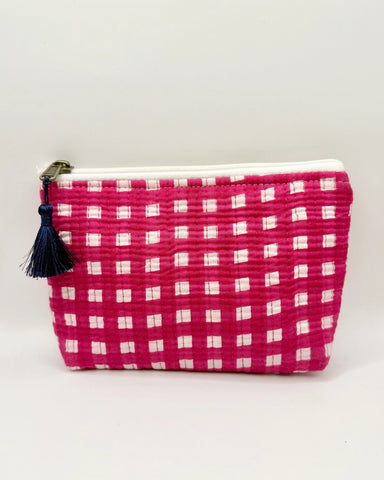 Hot Pink Gingham Pouch – Cotton Travel & Makeup Bag