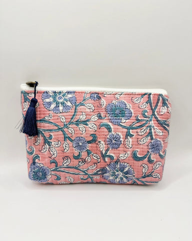Pink/Blue Floral Pouch – Cotton Travel & Makeup Bag