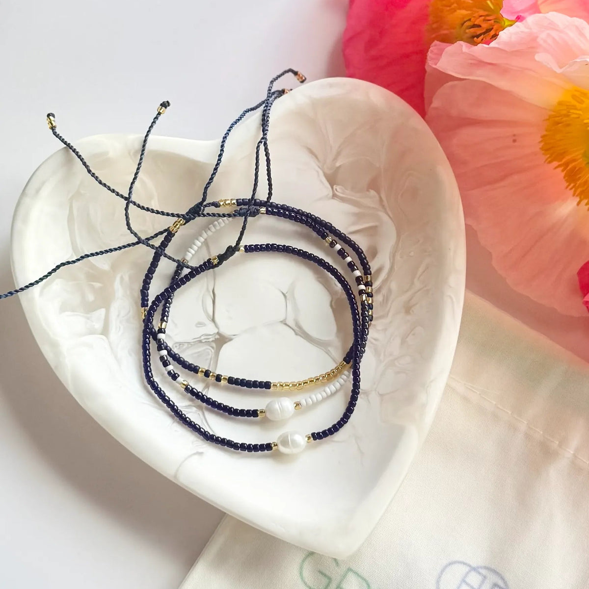 $25 Fine Pearl Gold Beaded Bracelet Bundle in Navy