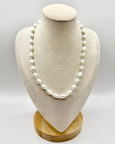 Freshwater Pearl & Blue Crystal Necklace featuring genuine freshwater pearls and blue crystal beads