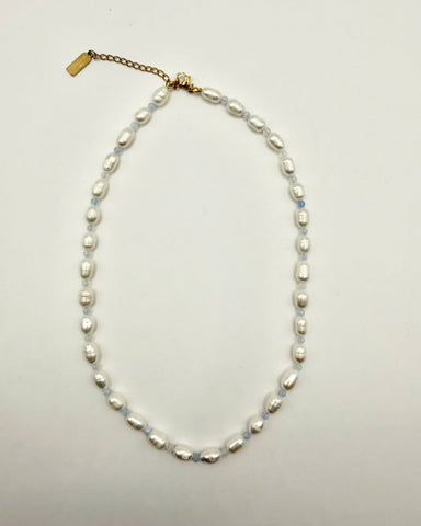 Close-up detail of the Freshwater Pearl & Blue Crystal Necklace