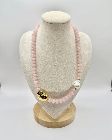 Pearl and Pink Natural Stone Necklace featuring freshwater pearls and natural stone beads