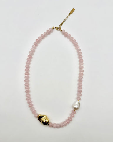 Close-up detail of the Pearl and Pink Natural Stone Necklace