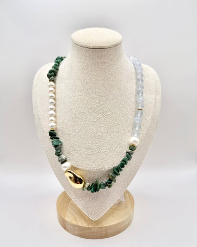Pearl and Green/Blue Natural Stone Necklace featuring freshwater pearls and natural stone beads