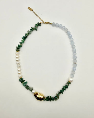Close-up detail of the Pearl and Green/Blue Natural Stone Necklace