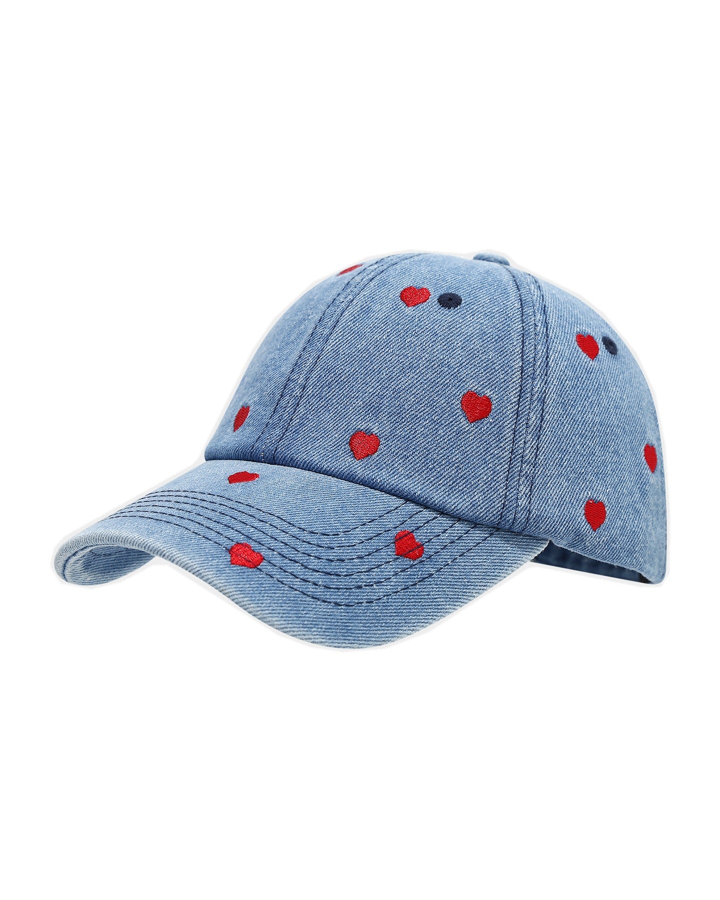 Mid-wash denim baseball cap embroidered with small red hearts, front view on a white background.