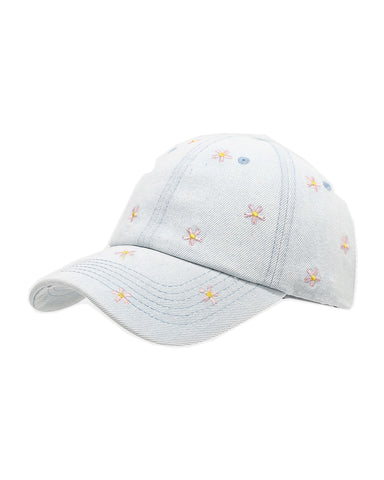 Light-wash denim baseball cap embroidered with pink and yellow flowers, front view on a white background.