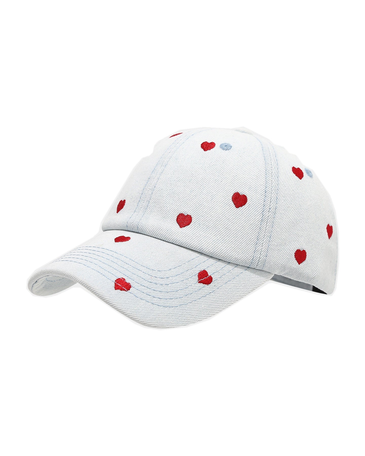 Light-wash denim baseball cap embroidered with small red hearts, front view on a white background.