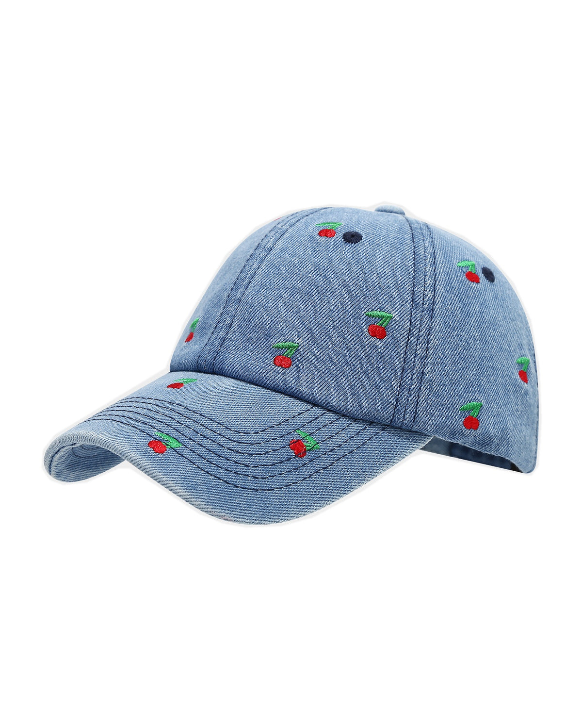 Mid-wash denim baseball cap embroidered with small red cherries, front view on a white background.