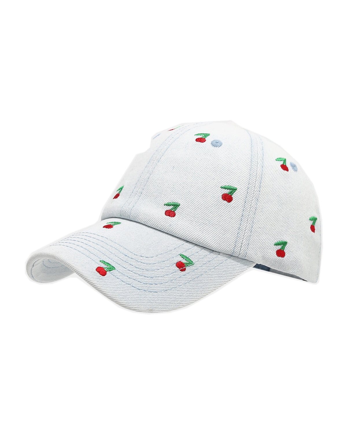 Light-wash denim baseball cap embroidered with small red cherries, front view on a white background.