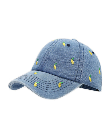 Mid-wash denim baseball cap embroidered with small yellow lemons, front view on a white background.