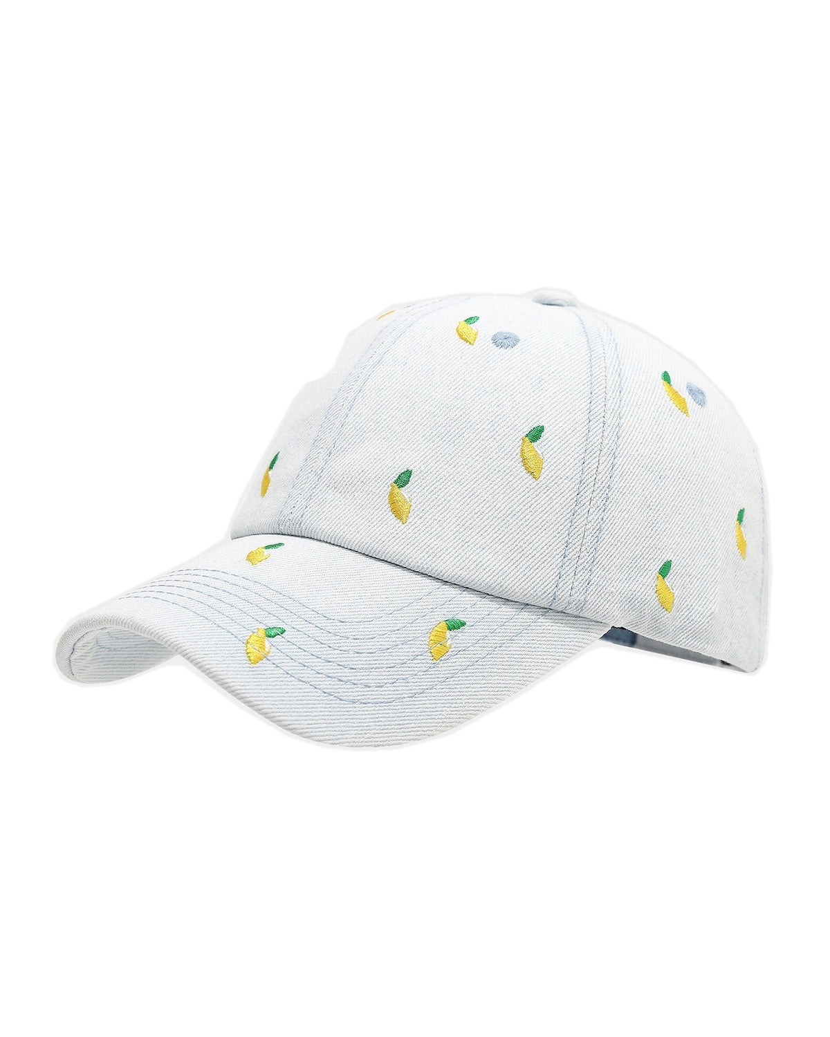 Light-wash denim baseball cap embroidered with small yellow lemons, front view on a white background.