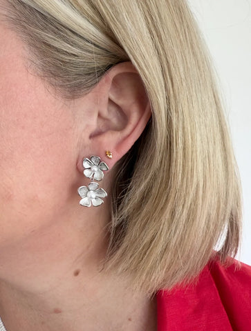 Layla Double Silver Flower Dangle Stud Earring