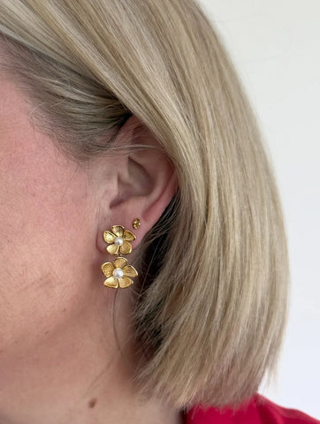 Layla Double Gold Flower Dangle Stud Earring