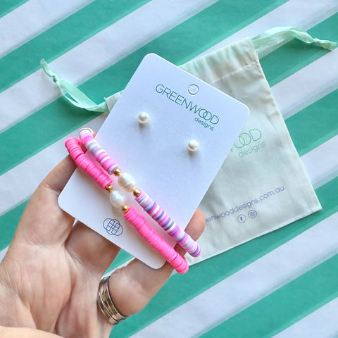 $25 Mini Pearl & Heishi Bundle in Hot Pink/Purple