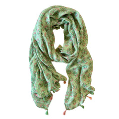Experience the magic of Indian Wood Block-inspired prints in our lightweight scarves, suitable for all seasons. These scarves come adorned with gorgeous tassels at each end, adding an extra touch of texture and charm to your outfit. Explore the stunning green, pink and white tones to elevate your style effortlessly!