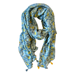 Experience the magic of Indian Wood Block-inspired prints in our lightweight scarves, suitable for all seasons. These scarves come adorned with gorgeous tassels at each end, adding an extra touch of texture and charm to your outfit. Explore the stunning blue, yellow and white tones to elevate your style effortlessly!