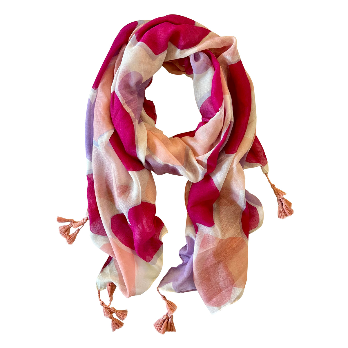 Fall in love with our Love Heart Scarf! It's lightweight, perfect for year-round wear, and features charming pink tassels on each corner for a little added texture. The white base adorned with pink and lilac hearts adds a touch of sweetness to any outfit. What's not to love!