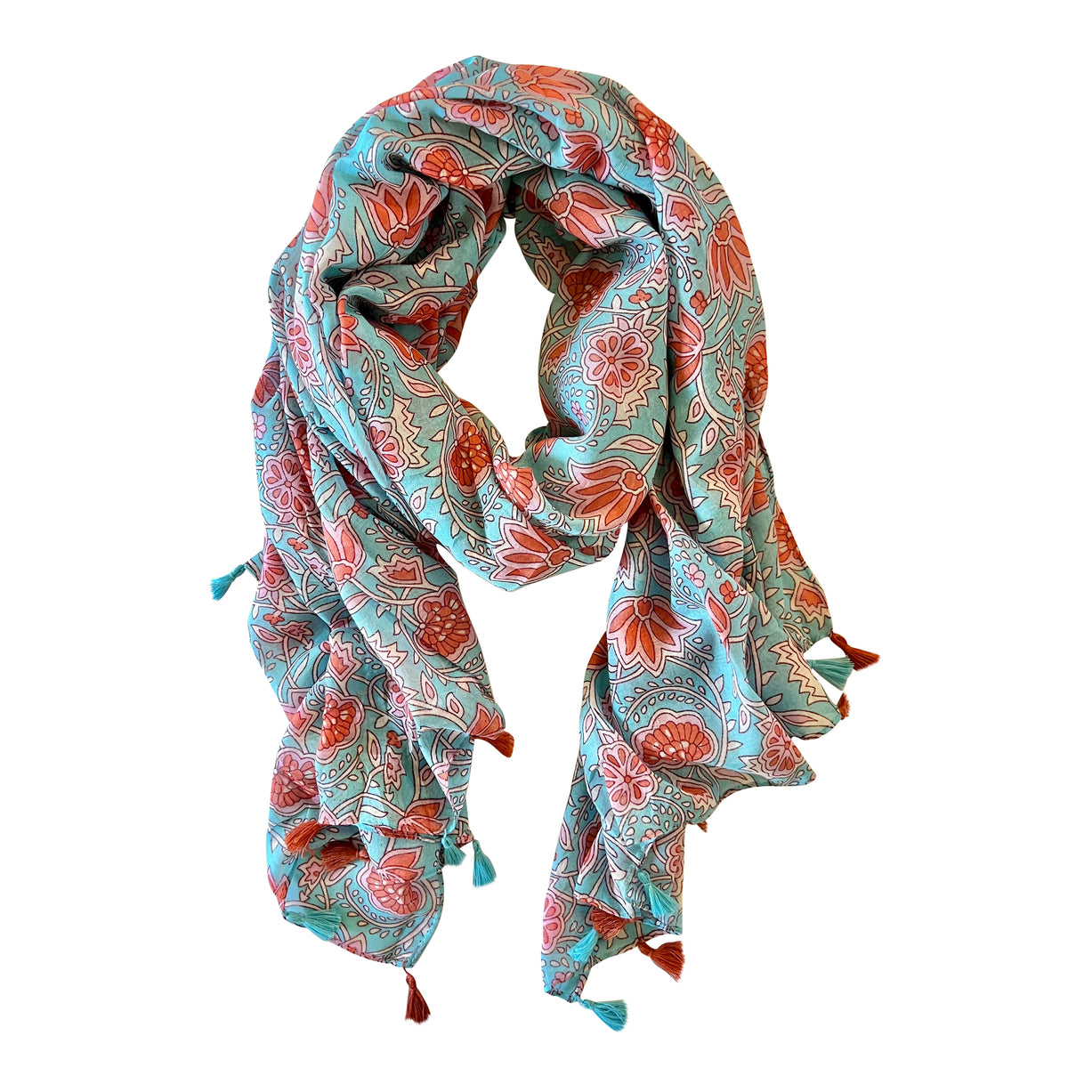 Experience the magic of Indian Wood Block-inspired prints in our lightweight scarves, suitable for all seasons. These scarves come adorned with gorgeous tassels at each end, adding an extra touch of texture and charm to your outfit. Explore the stunning blue, pink, and orange tones to elevate your style effortlessly!