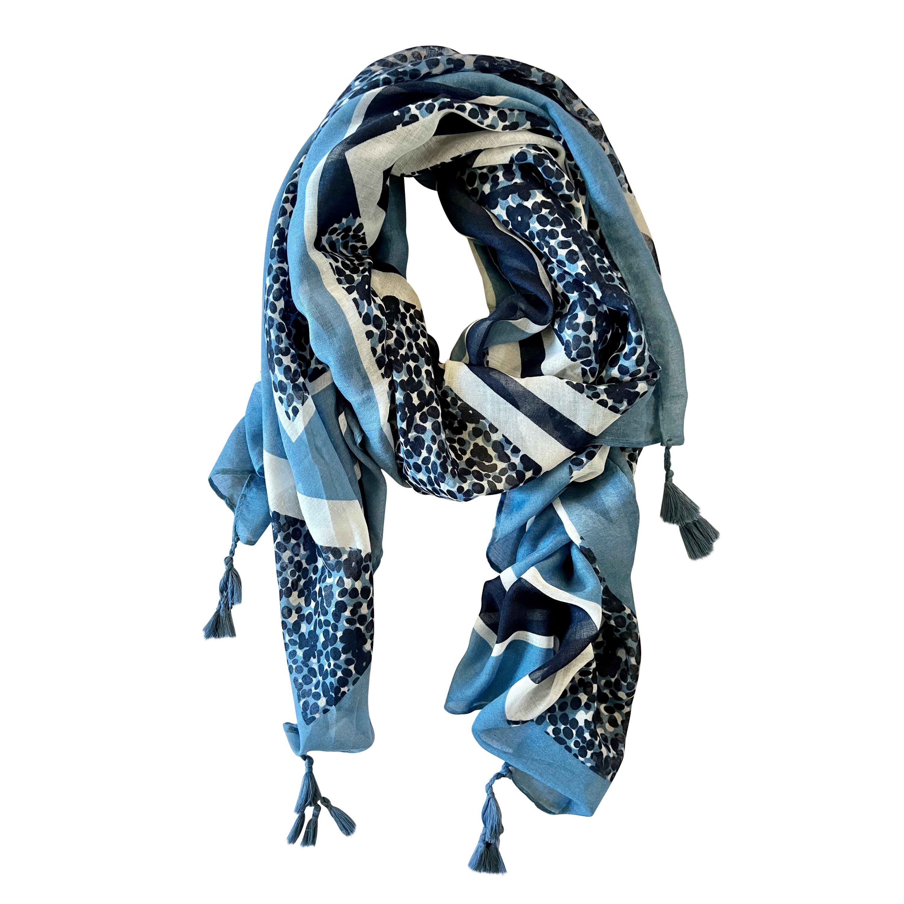 Introducing our geometric confetti spot scarf – the lightweight, year-round essential that's all about fun and fashion! Each corner is adorned with delightful tassels for added texture. Featuring a fantastic palette of navy, denim blues, and white, this scarf is as versatile as your favourite pair of jeans.