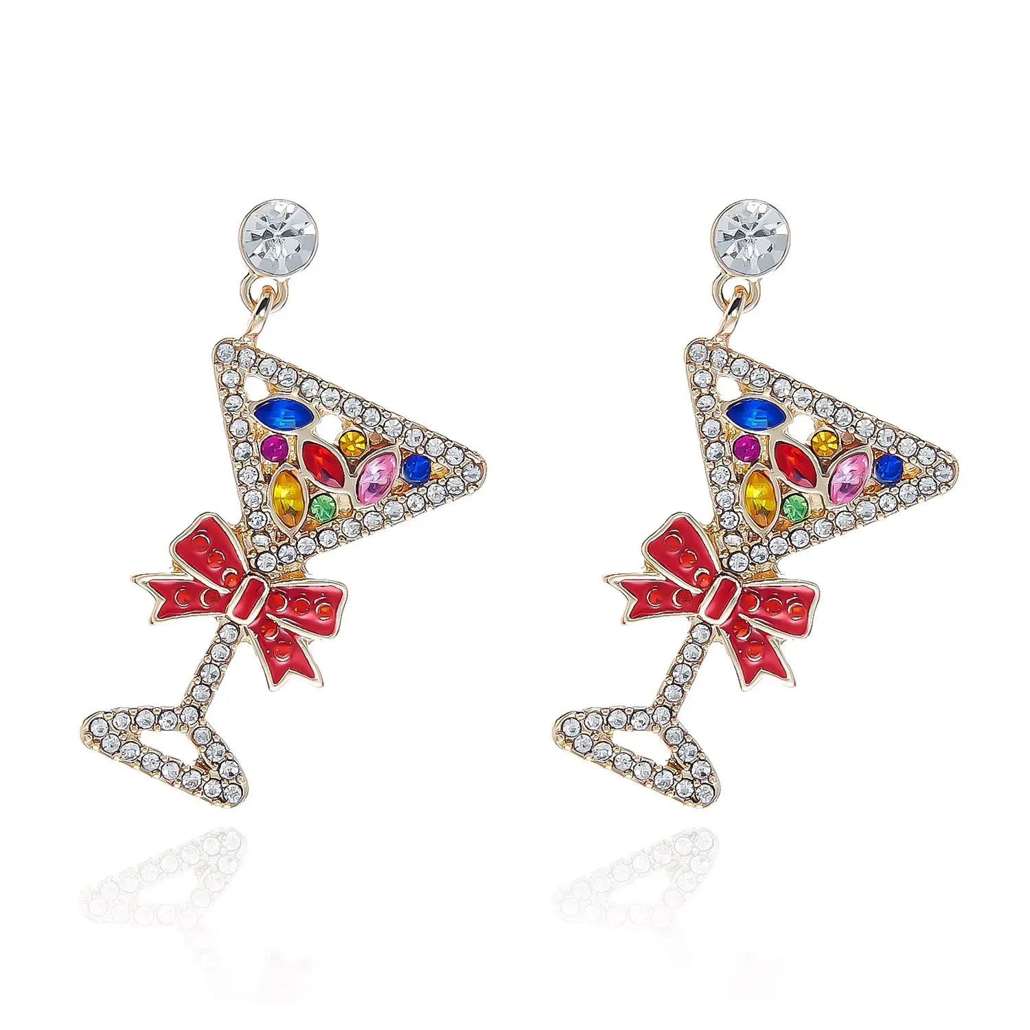 A pair of gold cocktail glass drop earrings outlined in clear crystals, filled with multicoloured gems and finished with a red enamel bow.