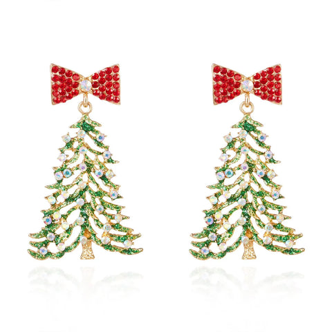 Christmas Tree Earring with Bow in Green & Red