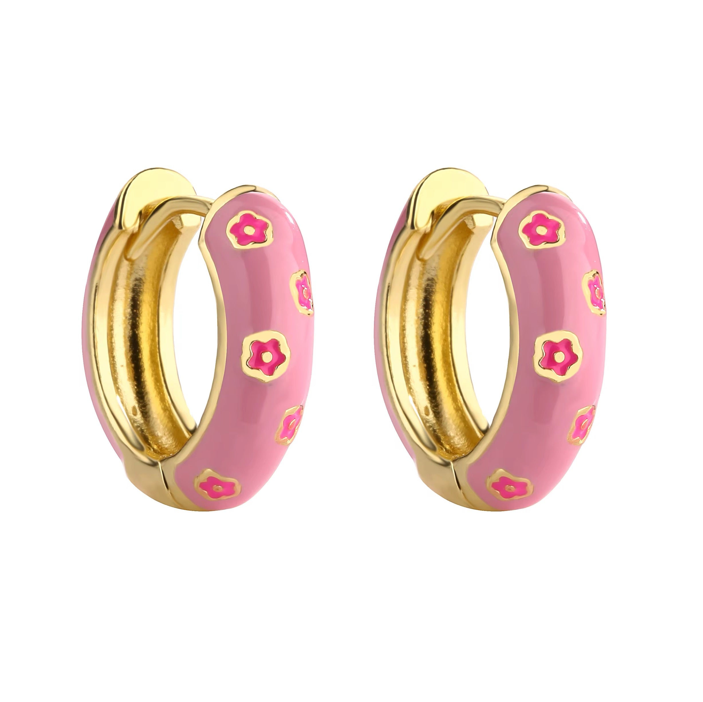 Light pink and gold enamel hoop earrings with pink flower pattern on white background