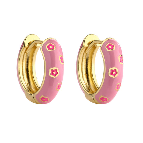Light pink and gold enamel hoop earrings with pink flower pattern on white background
