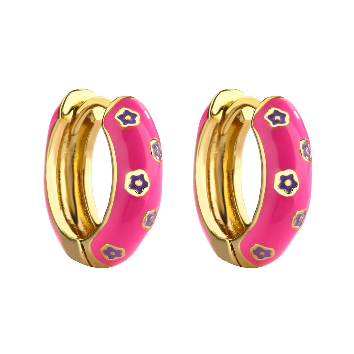 Pink and gold enamel hoop earrings with purple flower pattern on white background
