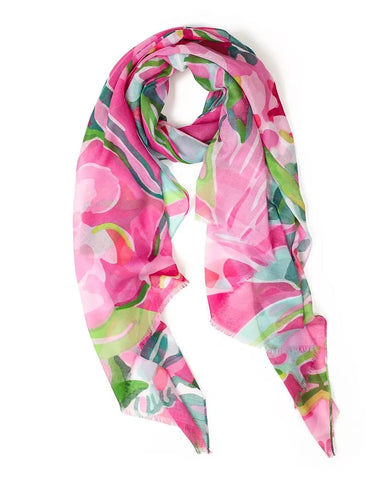 Floral patterned scarf with pink, green, and white colors on a white background
