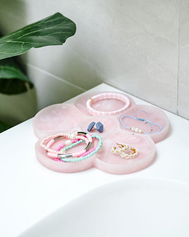 flower shaped tray, flower shaped jewelry tray, pretty jewelry tray, bedside jewelry tray, pink flower tray