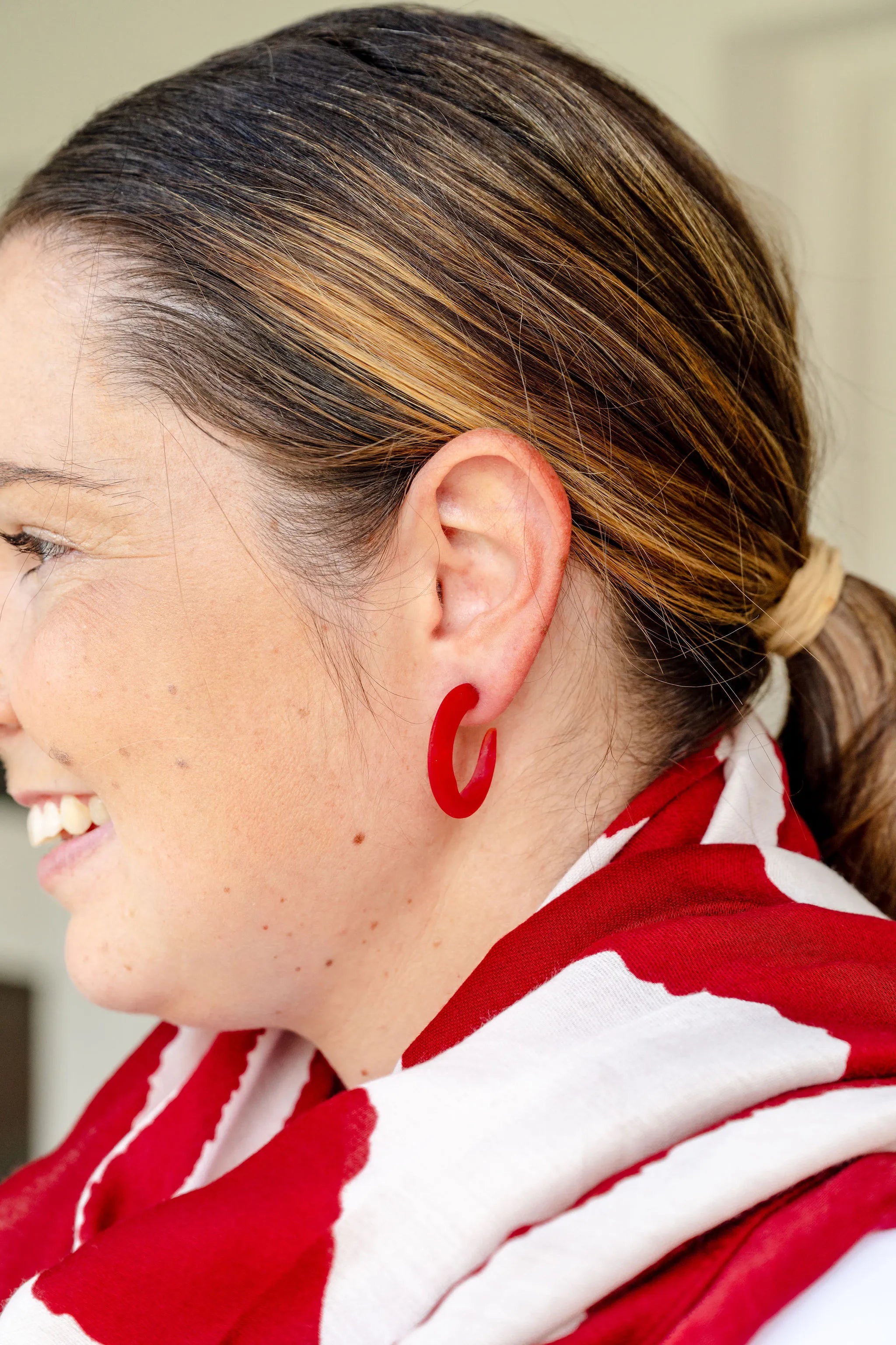 resin hoop earring, red earring, classic earring, everyday earring, 