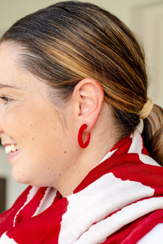 resin hoop earring, red earring, classic earring, everyday earring, 