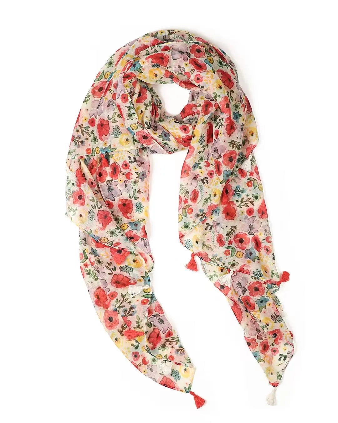 Floral patterned scarf with tassels on a white background