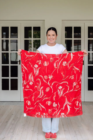 tulip pattern scarf, autumn scarf, winter scarf, floral scarf, red scarf, feminine scarf